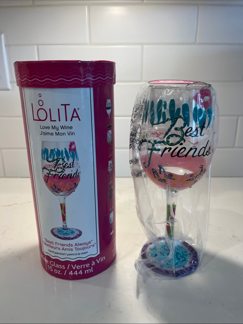 Lolita Multicolor 'Best Friends' Hand-Painted Wine Glass